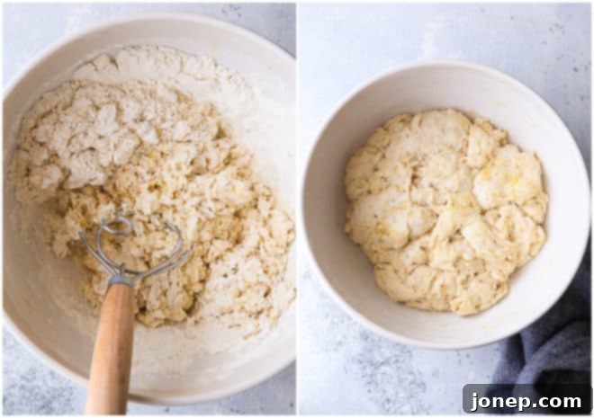 Mixing shaggy dough for no-knead breadsticks by hand in a large bowl