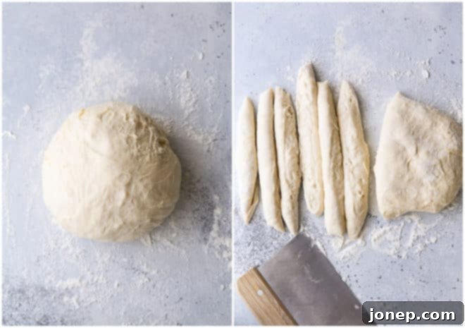 Cutting no-knead breadstick dough into strips with a bench scraper