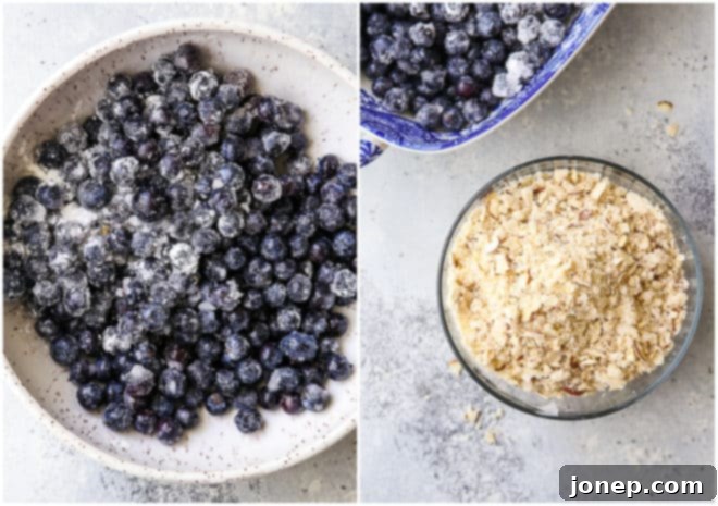 Sweet Berry Almond Delight 4 A step-by-step image showing fresh blueberries tossed with sugar and lemon juice for the filling, and dry ingredients for the crisp topping being mixed.