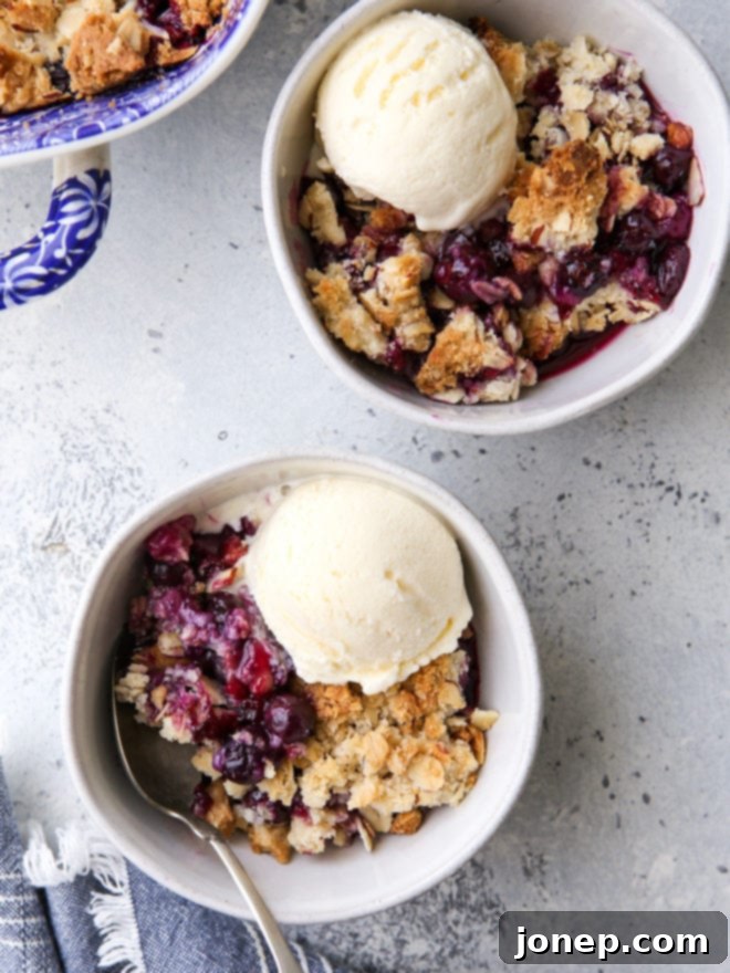 Sweet Berry Almond Delight 6 A close-up shot of a baked blueberry almond crisp with a golden, crunchy topping and warm, bubbling fruit visible underneath. Perfect for sharing.