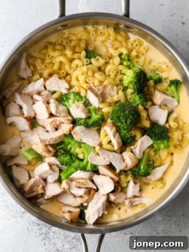 Steps for making chicken broccoli macaroni and cheese, showing pasta cooking, sauce making, and combining ingredients in a skillet