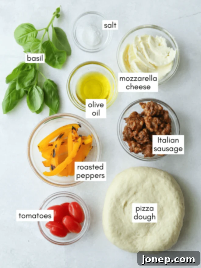 sausage pizza ingredients with labels
