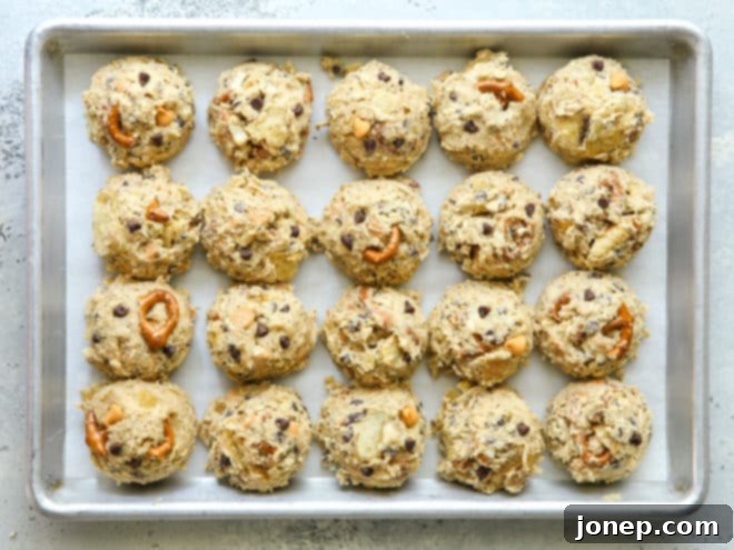 Pantry Raid Cookies 5 scooped kitchen sink cookie dough on a sheet pan
