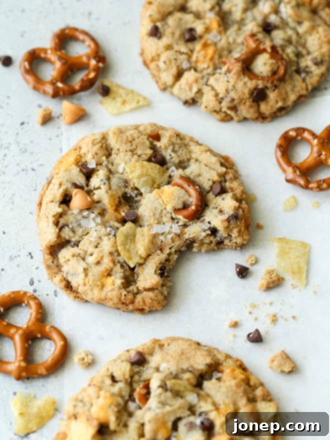 Pantry Raid Cookies 7 a kitchen sink cookie with a bite taken out of it, revealing the mix-ins