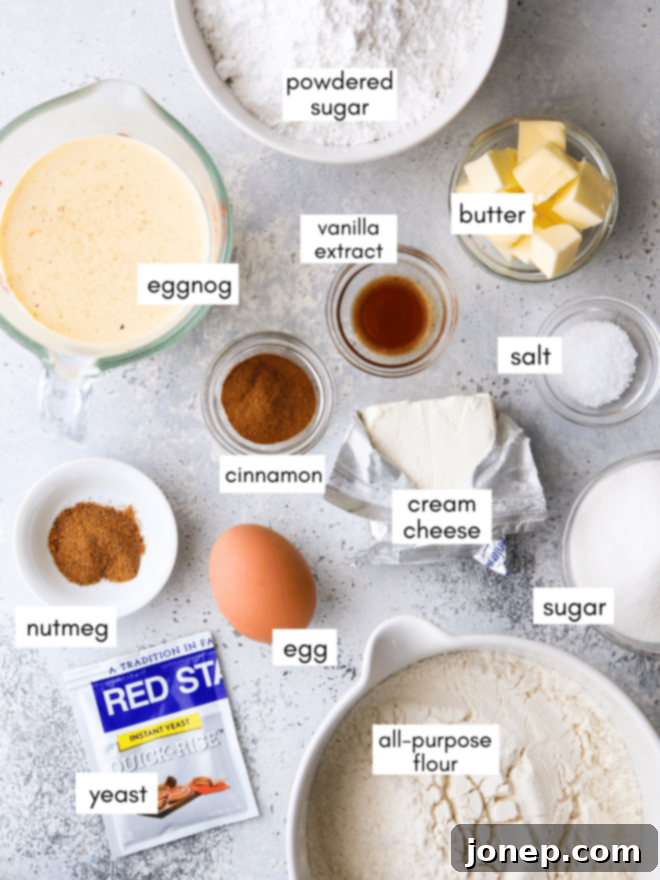 Festive Eggnog Cinnamon Rolls 3 All the ingredients laid out for making eggnog cinnamon rolls.