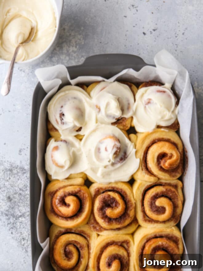 Festive Eggnog Cinnamon Rolls 6 Eggnog cinnamon rolls sliced and arranged in a baking dish before the second rise.
