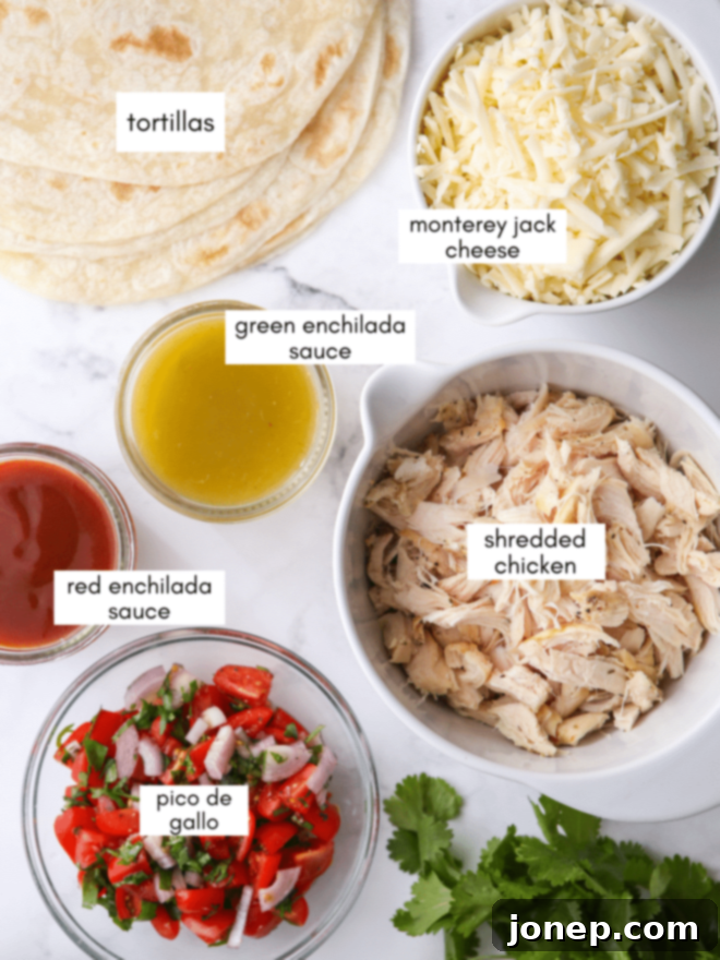 Vibrant Red and Green Chicken Enchiladas 4 red and green chicken enchiladas ingredients