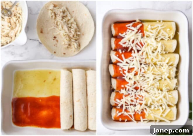 Vibrant Red and Green Chicken Enchiladas 5 filling and assembling red and green chicken enchiladas