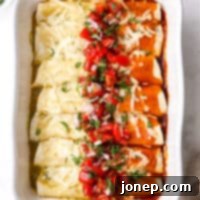 Vibrant Red and Green Chicken Enchiladas 8 baked red and green chicken enchiladas with salsa on top