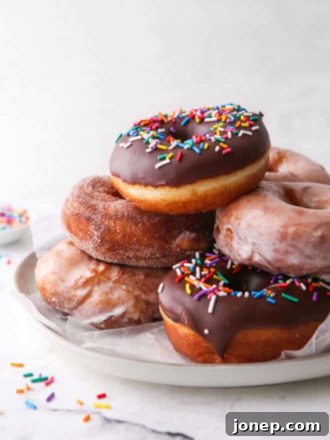 A stack of golden-brown yeast-raised doughnuts, some dusted with cinnamon sugar, others glazed with vanilla, and some with chocolate and sprinkles.
