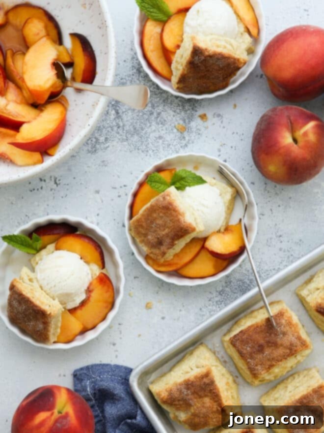 Summer Peach Cream Delights 2 Assembled peaches and cream shortcakes in elegant bowls, ready to be served.