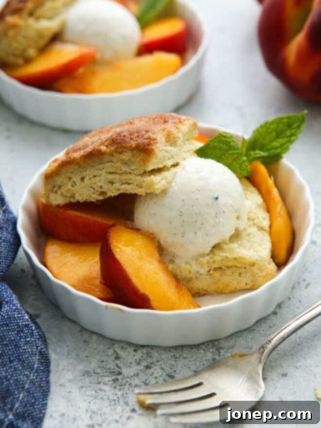 Summer Peach Cream Delights 3 A close-up view of a peaches and cream shortcake, showing a fork ready to take a bite.