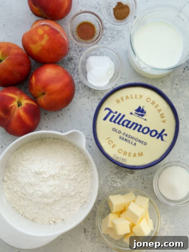 Summer Peach Cream Delights 4 A collection of fresh ingredients laid out, including sliced peaches, flour, butter, and buttermilk, for making peach shortcakes.