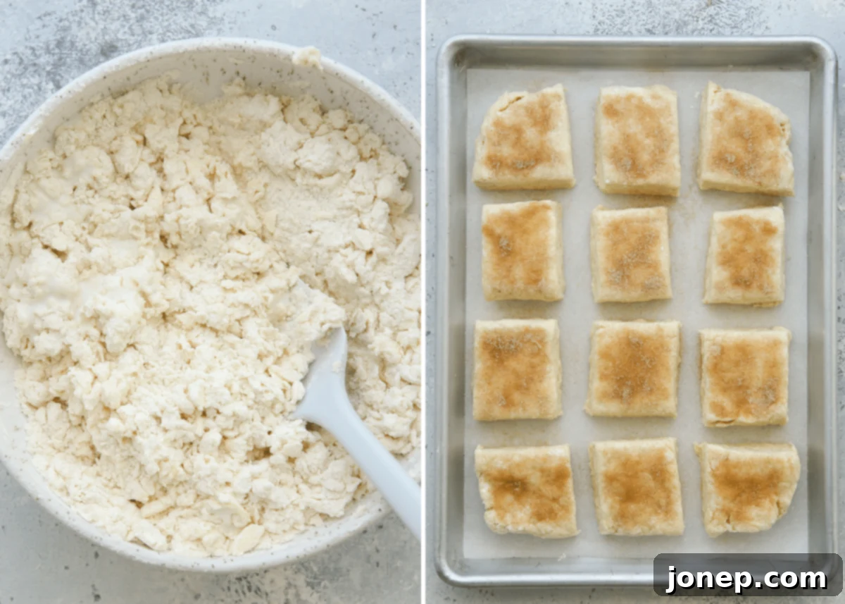 A person's hands mixing cold butter into dry ingredients for shortcakes in a bowl.