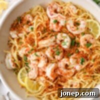 Zesty Shrimp Scampi Pasta 9 closeup of shrimp scampi pasta in a big bowl