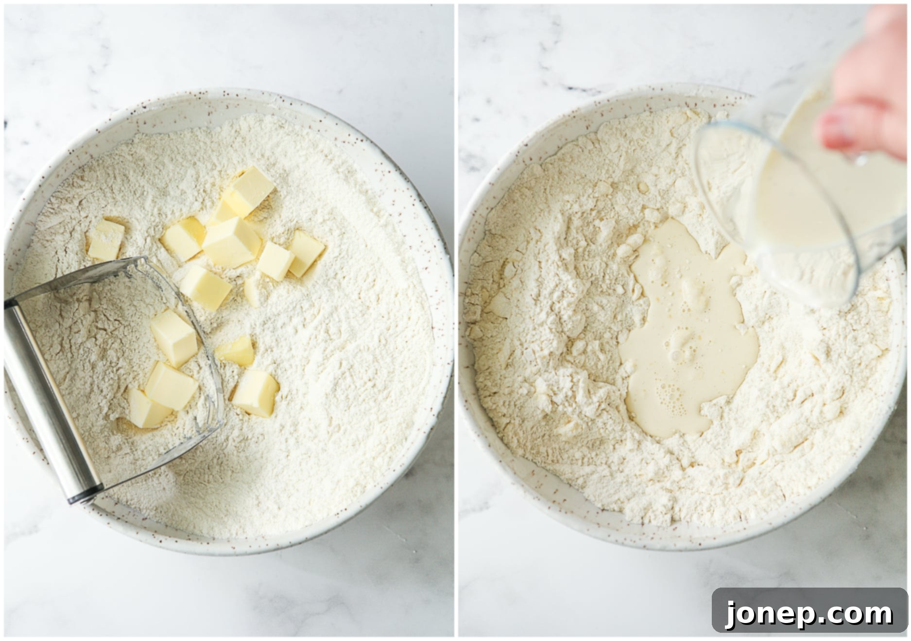 Illustrating the process of cutting cold butter into dry ingredients and subsequently adding the liquid mixture.