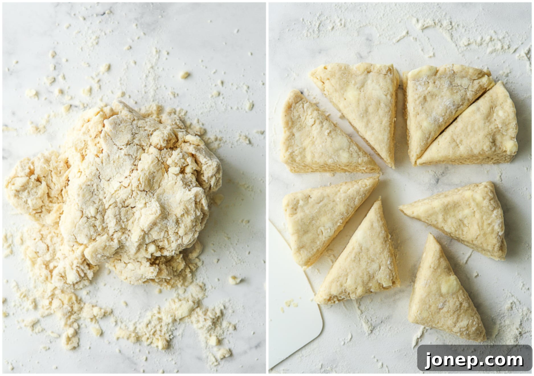 The process of bringing the scone dough together and then precisely cutting it into triangular shapes before baking.