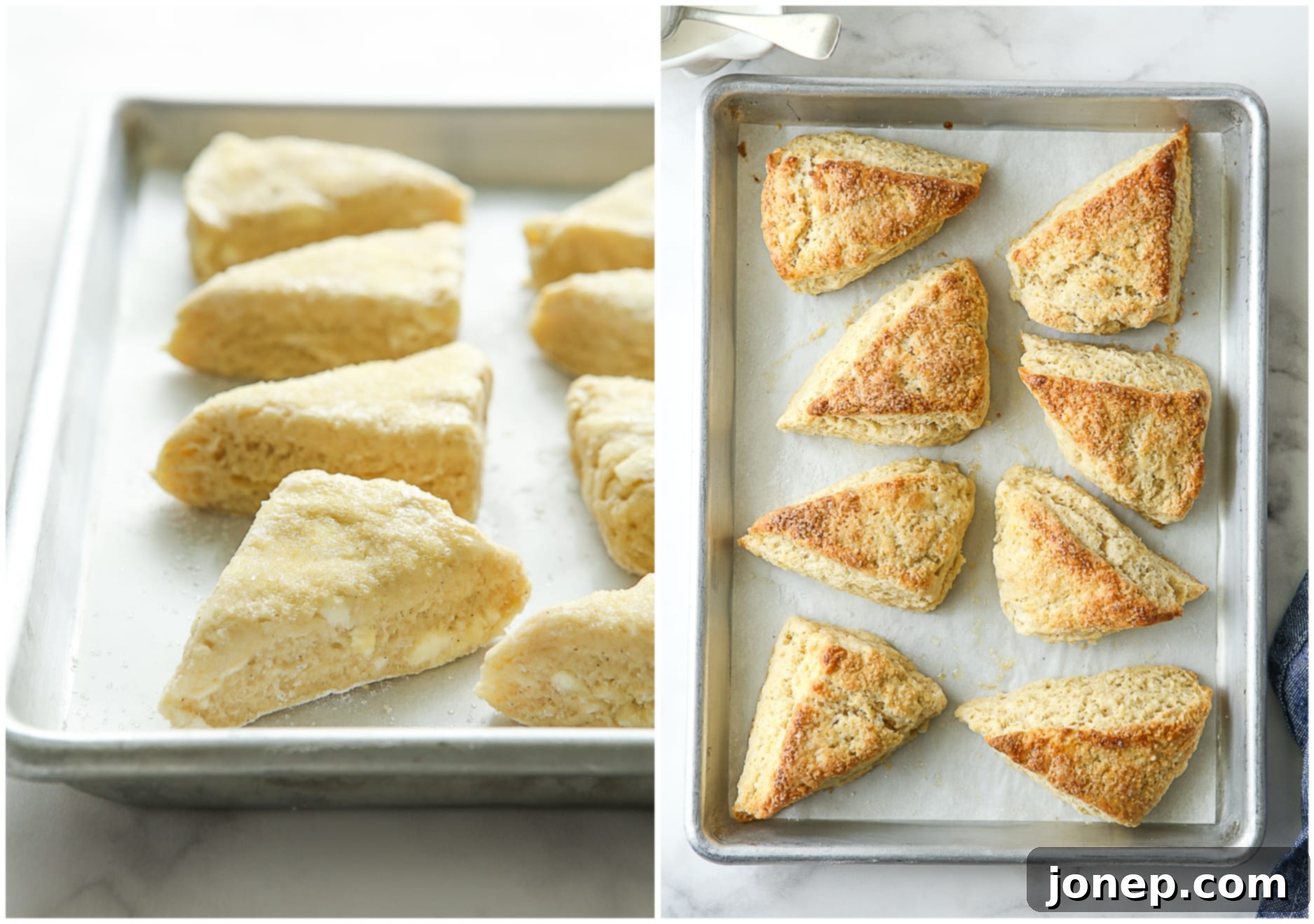 A visual comparison of vanilla bean scones before they are baked and after they have achieved a beautiful golden brown color.