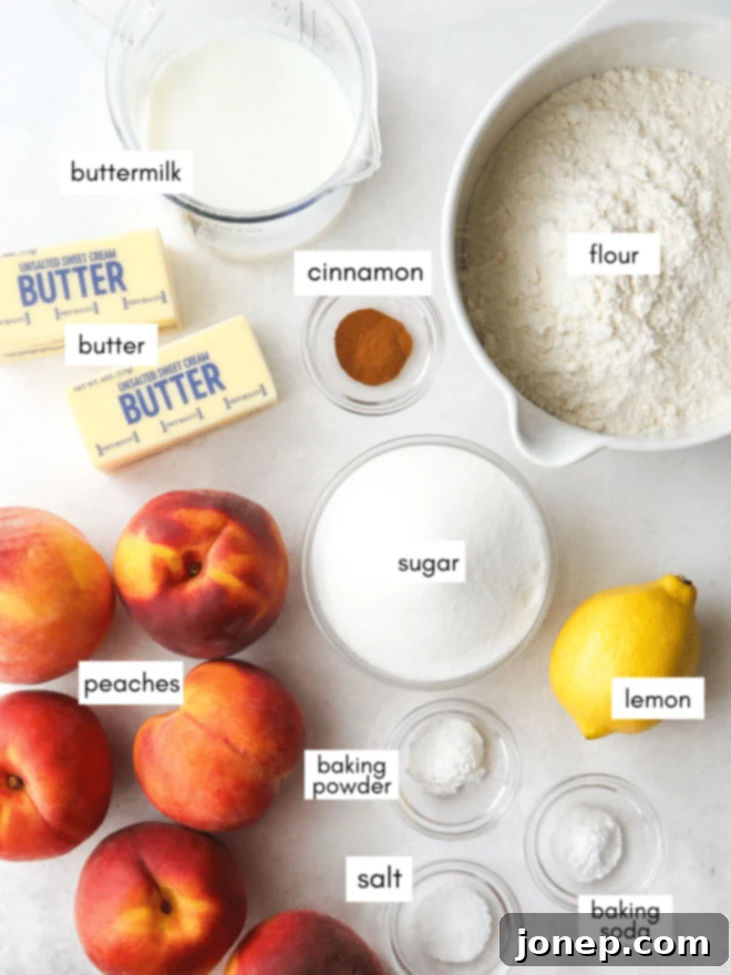 individual ingredients laid out for peach cobbler pie: flour, butter, peaches, sugar, spices