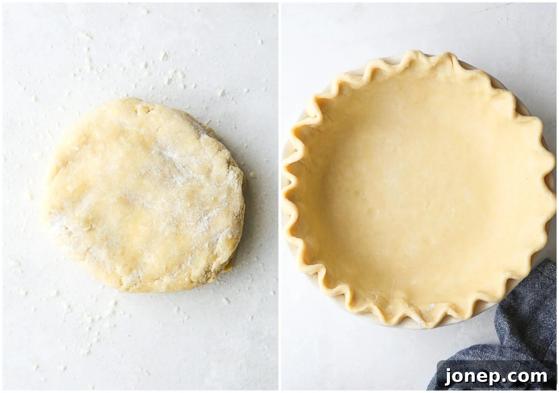 pie crust preparation, showing butter being cut into flour mixture