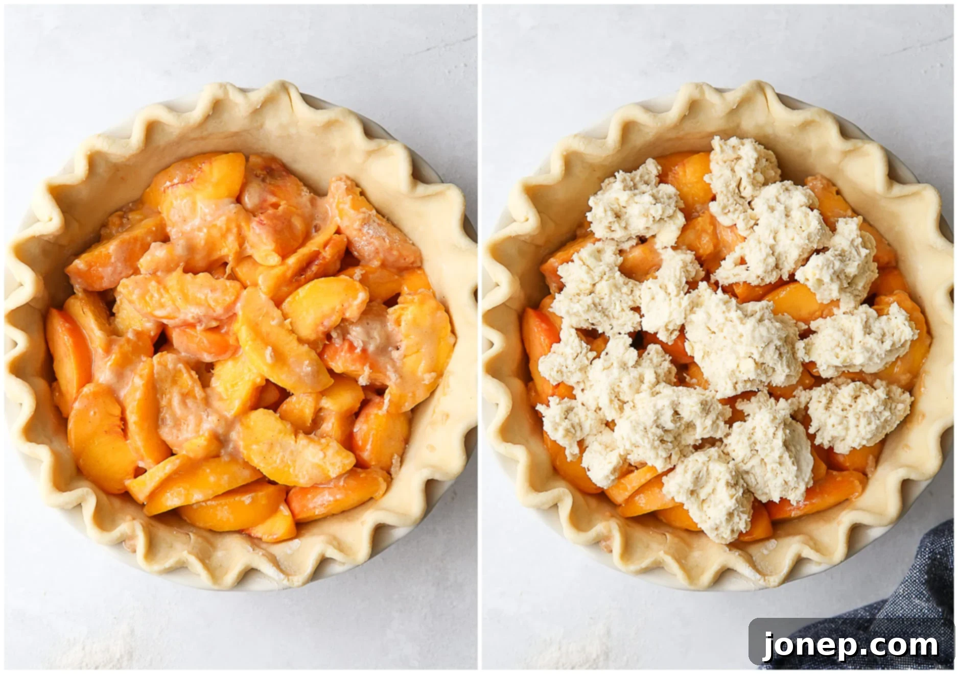 peach cobbler pie assembly before and after applying biscuit topping and egg wash