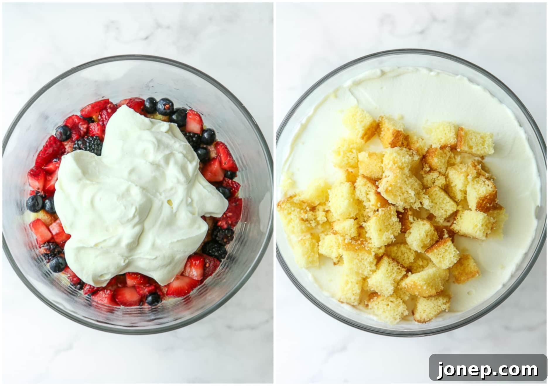 Smooth layer of whipped cream spread over the berries.