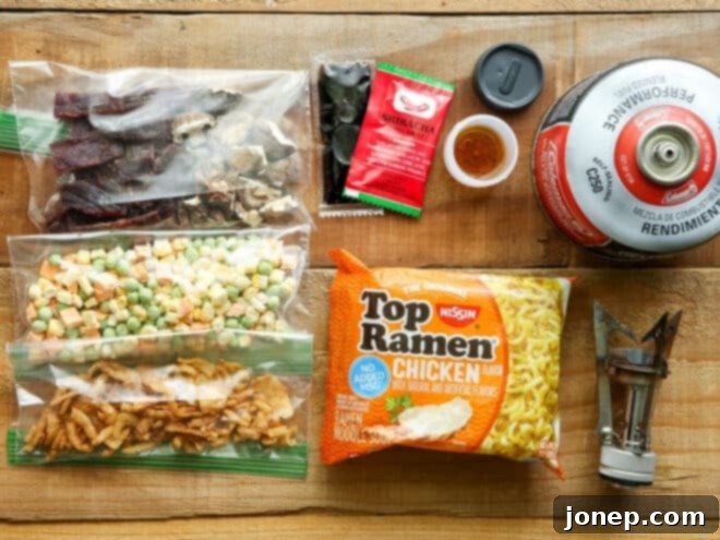 Backpacking Ramen Hacks 4 ingredients packed up for backpacking ramen