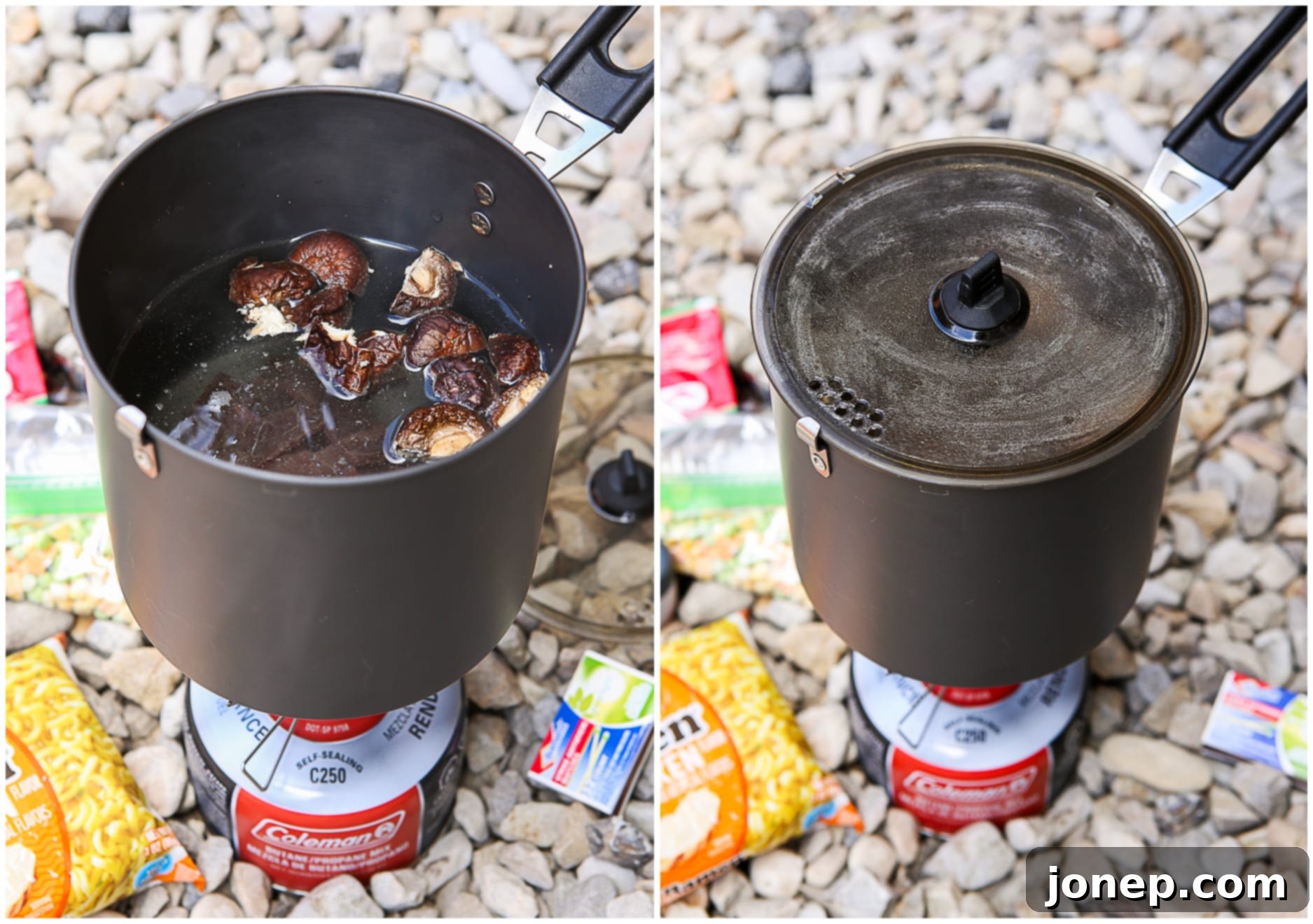 hydrating mushrooms and jerk in camp pot