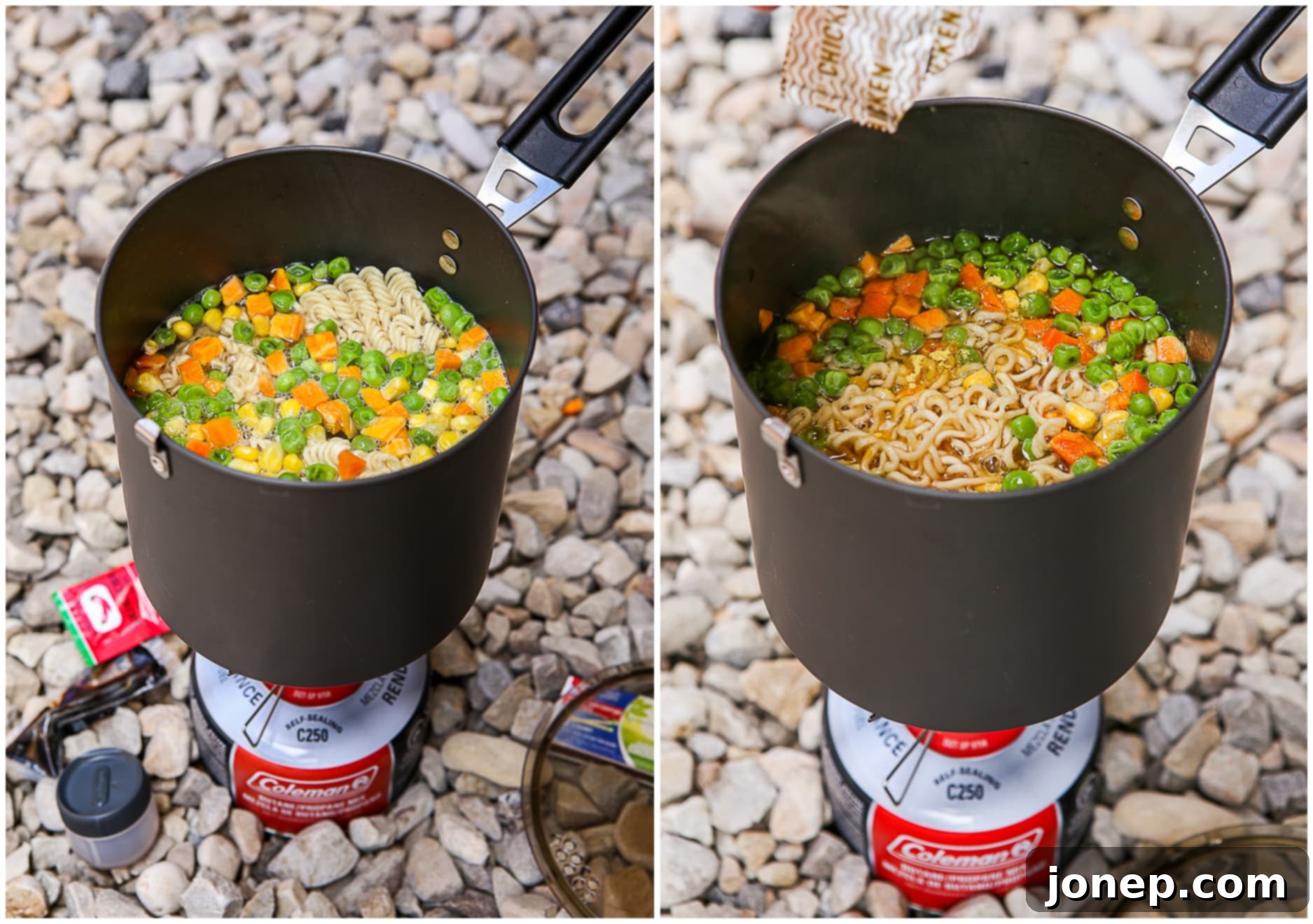 cooking noodles and veggies in pot over camp stove