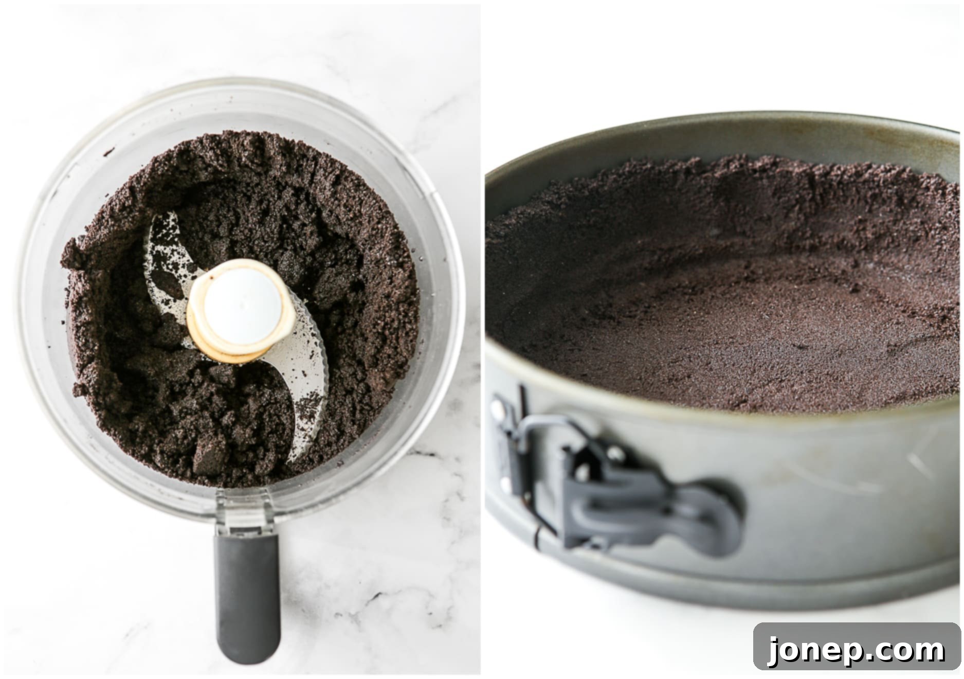 Step-by-step image of making the Oreo cookie crust for a no-bake cheesecake.