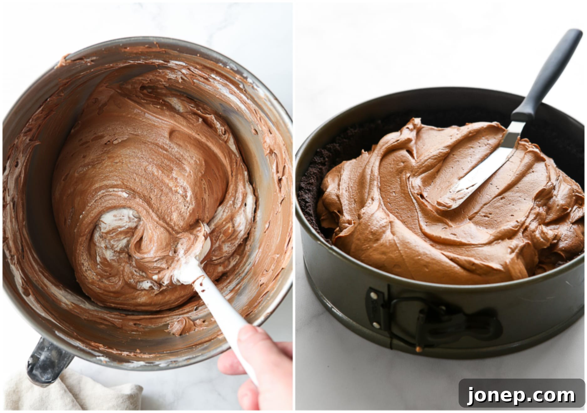 Image showing the process of mixing no-bake chocolate cheesecake filling, highlighting the creamy texture.