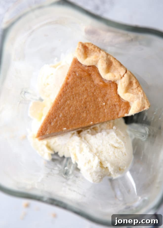 This milkshake has a whole slice of pie in it! A close-up of the pumpkin pie milkshake in a tall glass, garnished with whipped cream and cinnamon, showcasing its rich, thick texture.