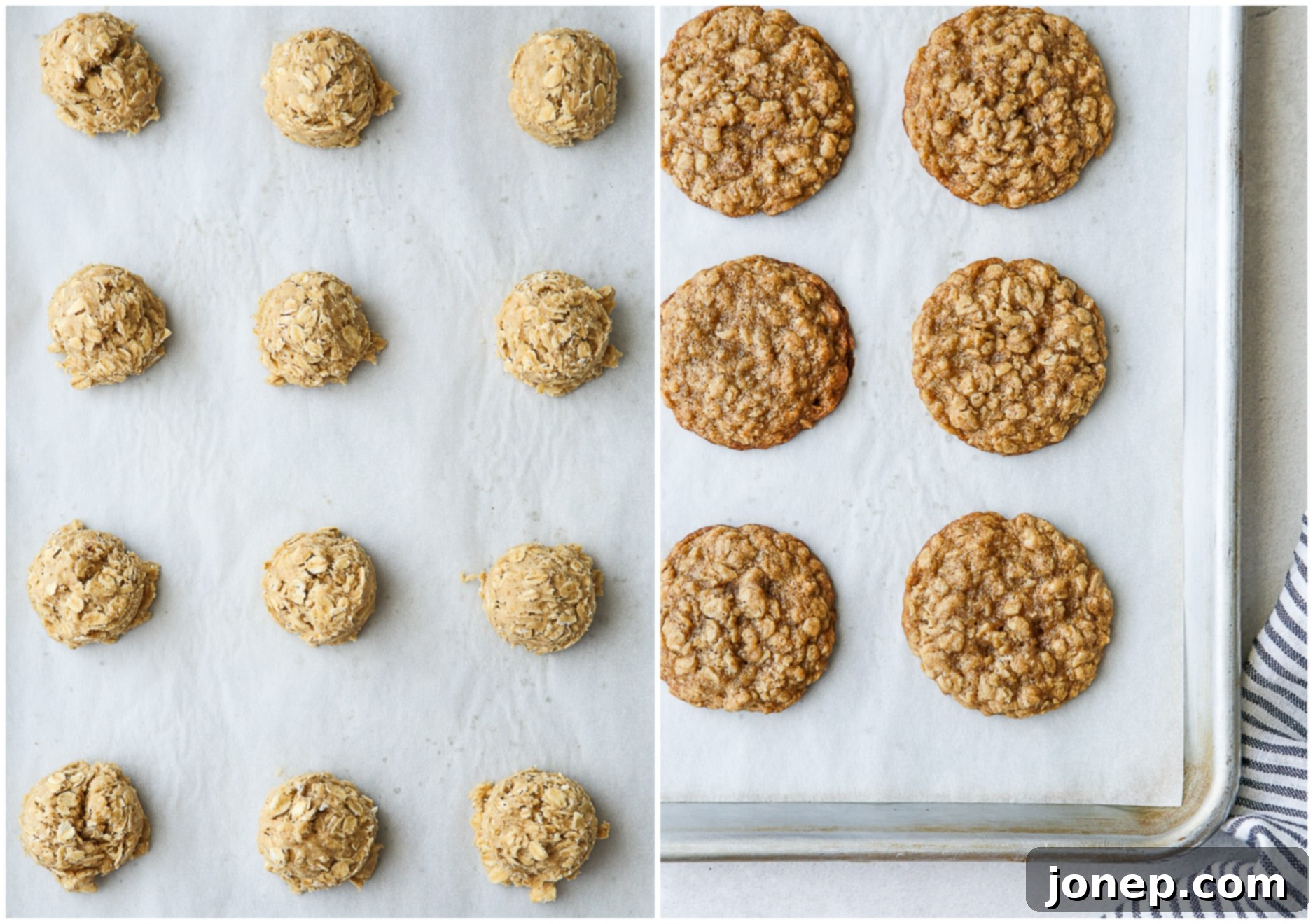 Two rows of oatmeal cookies on a baking sheet, one before baking and one after, showing their spread and golden color.