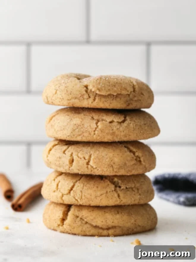 Caramelized Snickerdoodles 2 Stack of golden-brown snickerdoodle cookies dusted with cinnamon sugar, highlighting their soft texture