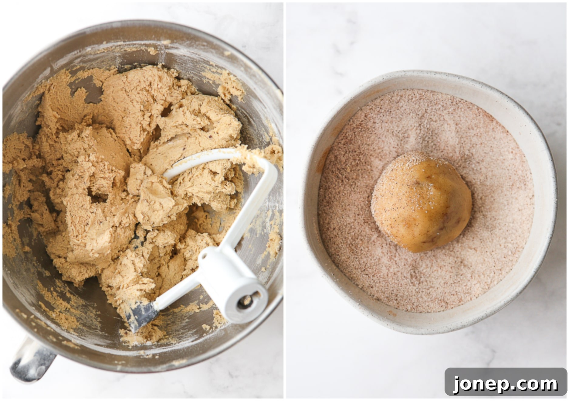 Caramelized Snickerdoodles 5 Cookie dough being portioned and rolled in cinnamon sugar mixture