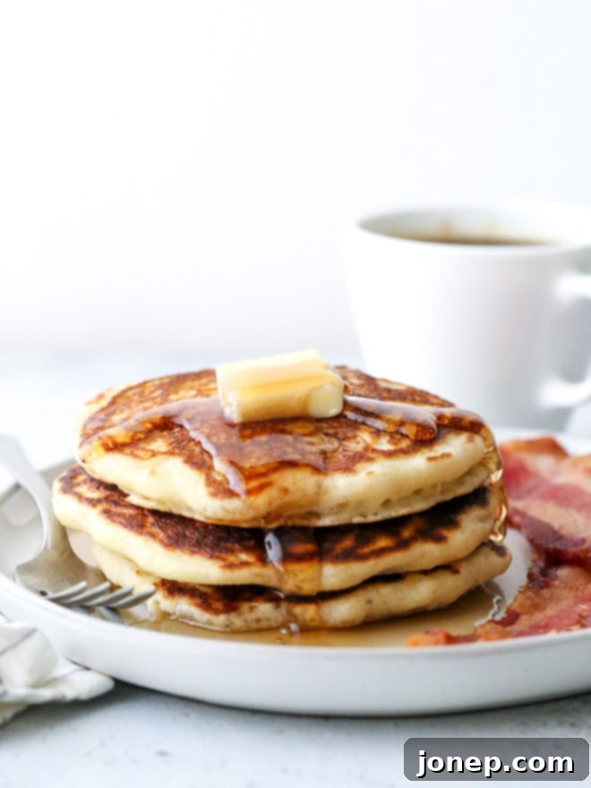 The best light, fluffy, and flavorful buttermilk pancakes ready to be enjoyed.
