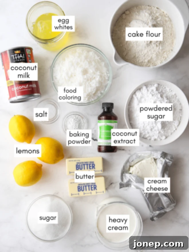 Luscious Lemon Coconut Cake 4 lemon coconut cake ingredients measured out and prepared for baking