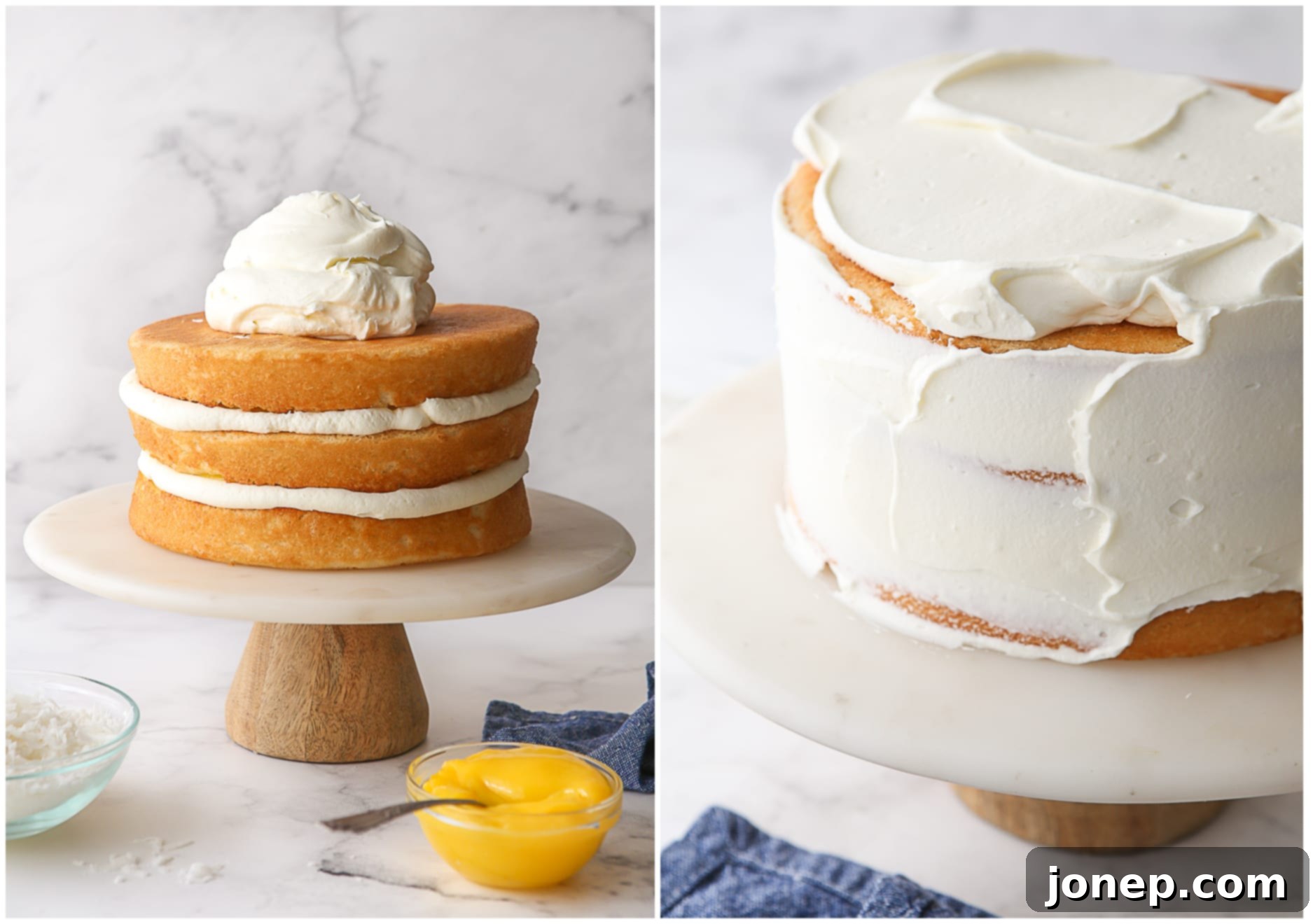 assembling the lemon coconut cake on a cake stand, and frosting it evenly
