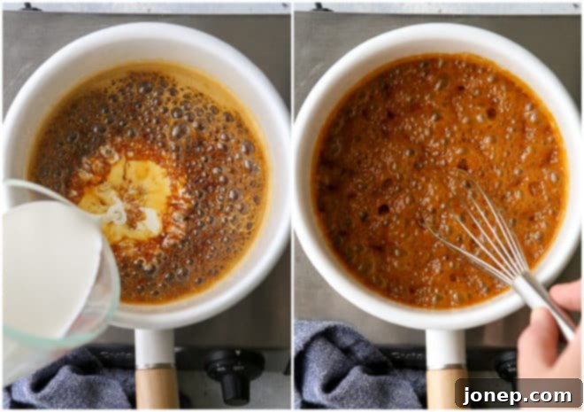 Perfect Homemade Caramel 8 adding heaving cream to caramelized sugar