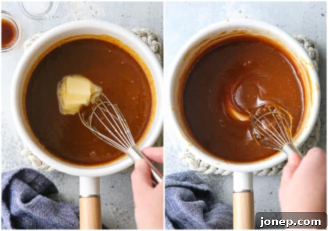 Perfect Homemade Caramel 9 adding butter, vanilla and salt to homemade caramel