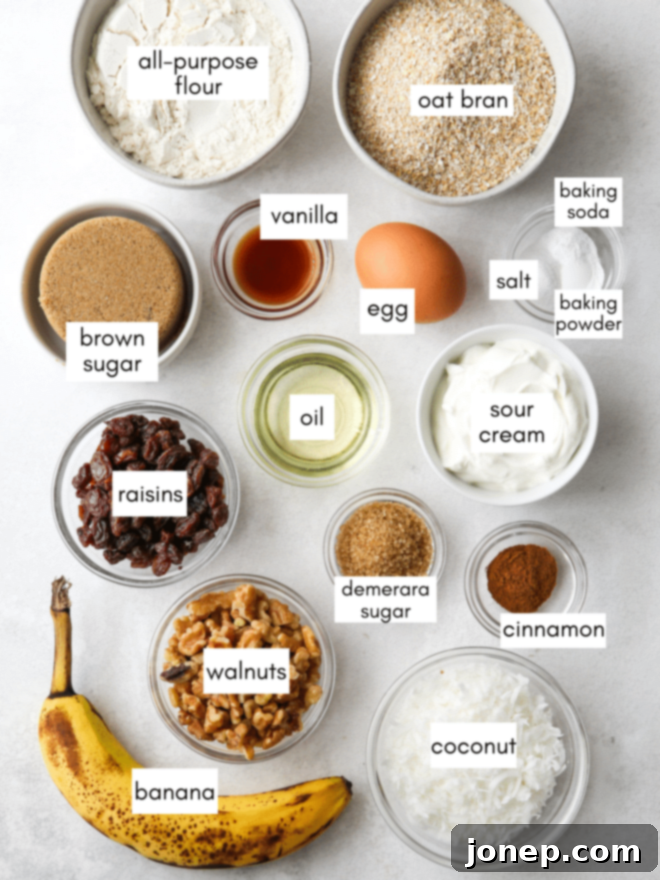 Bran muffin ingredients, including oat bran, flour, brown sugar, and wet ingredients, neatly measured into separate bowls