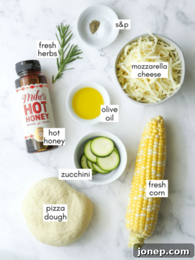 Sweet Corn and Zucchini Pizza 4 zucchini corn pizza ingredients with labels