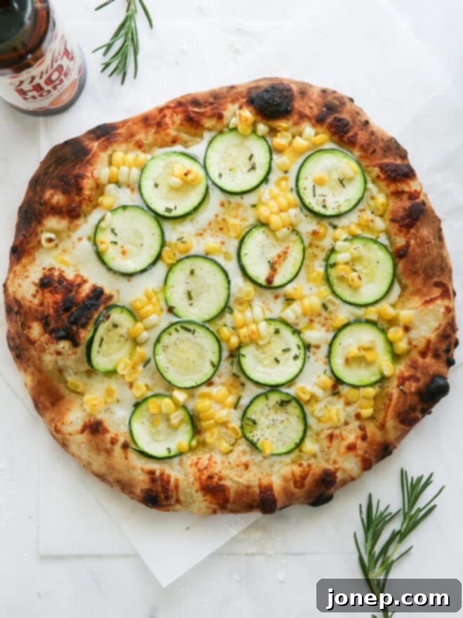 Sweet Corn and Zucchini Pizza 7 baked zucchini corn pizza on counter