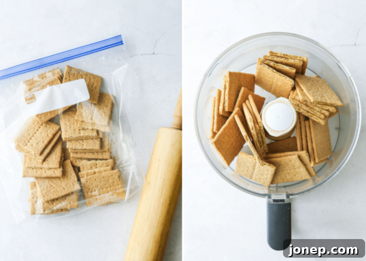 Comparison image showing graham crackers being crushed with a food processor and with a rolling pin inside a ziploc bag.