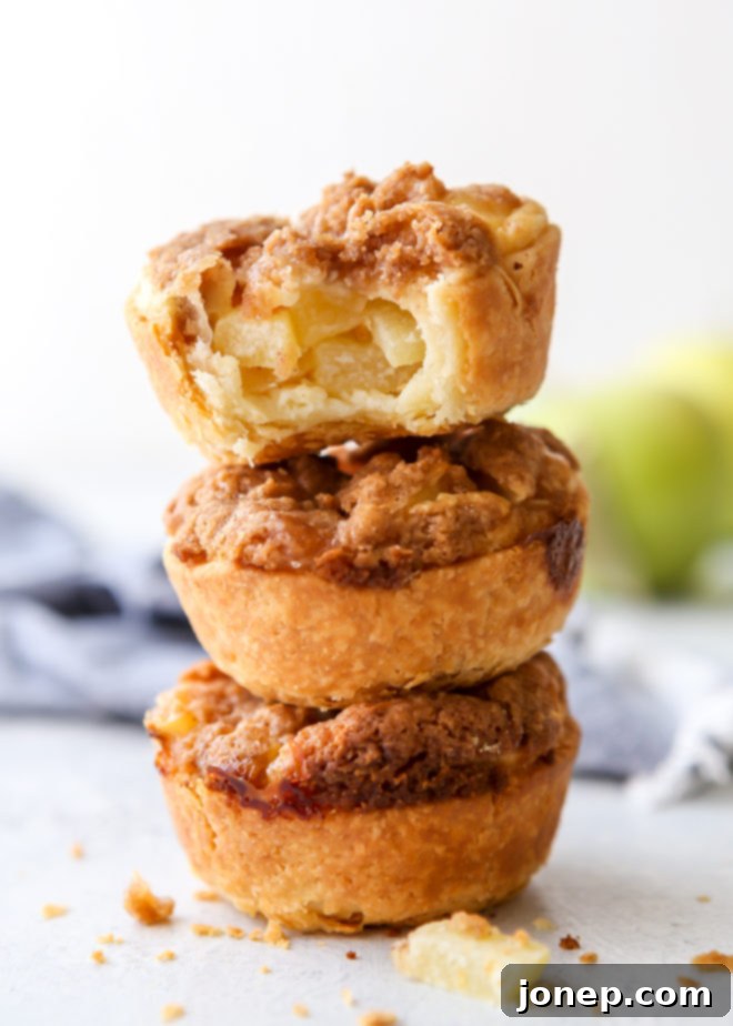 Close-up of a mini sour cream apple pie with streusel topping, showcasing the golden-brown crust and filling.