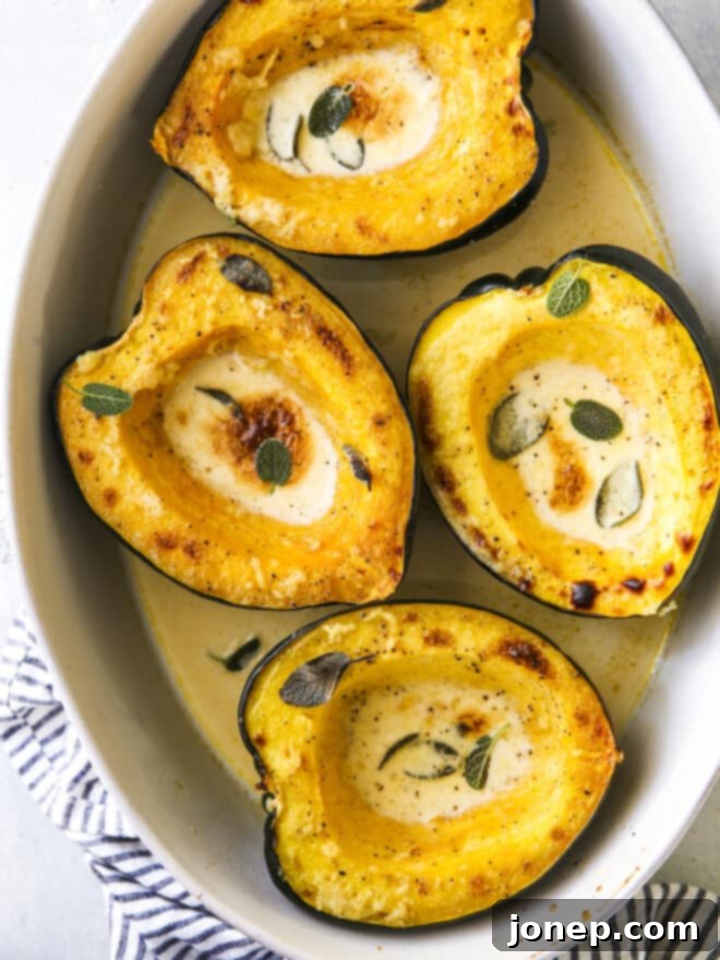 Golden Roasted Acorn Squash with Velvety Sage Cream 2 Beautifully roasted acorn squash halves generously drizzled with sage cream sauce, ready to serve as a comforting side dish.