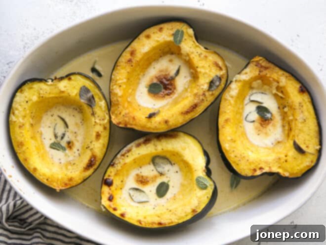 Golden Roasted Acorn Squash with Velvety Sage Cream 6 Finished roasted acorn squash with creamy sage sauce, beautifully golden and caramelized, presented in a baking dish.