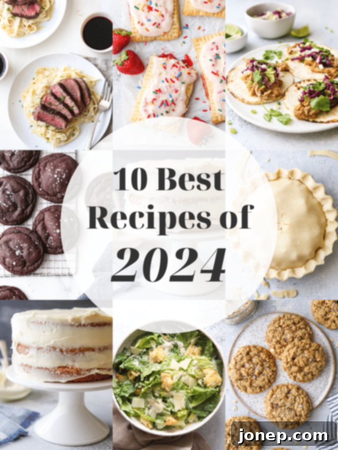 A vibrant collage of delicious recipe images, showcasing a variety of the top dishes from Completely Delicious in 2024, including cookies, cakes, and savory meals that captivated our readers.