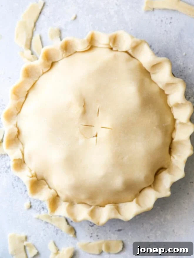 A beautiful, unbaked pie crust expertly crimped and ready for the oven, showcasing the perfect flaky texture achieved effortlessly with a food processor.