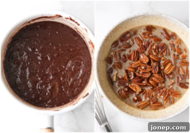 Collage of images showing brownie batter being mixed and pecan pie filling being whisked in separate bowls.